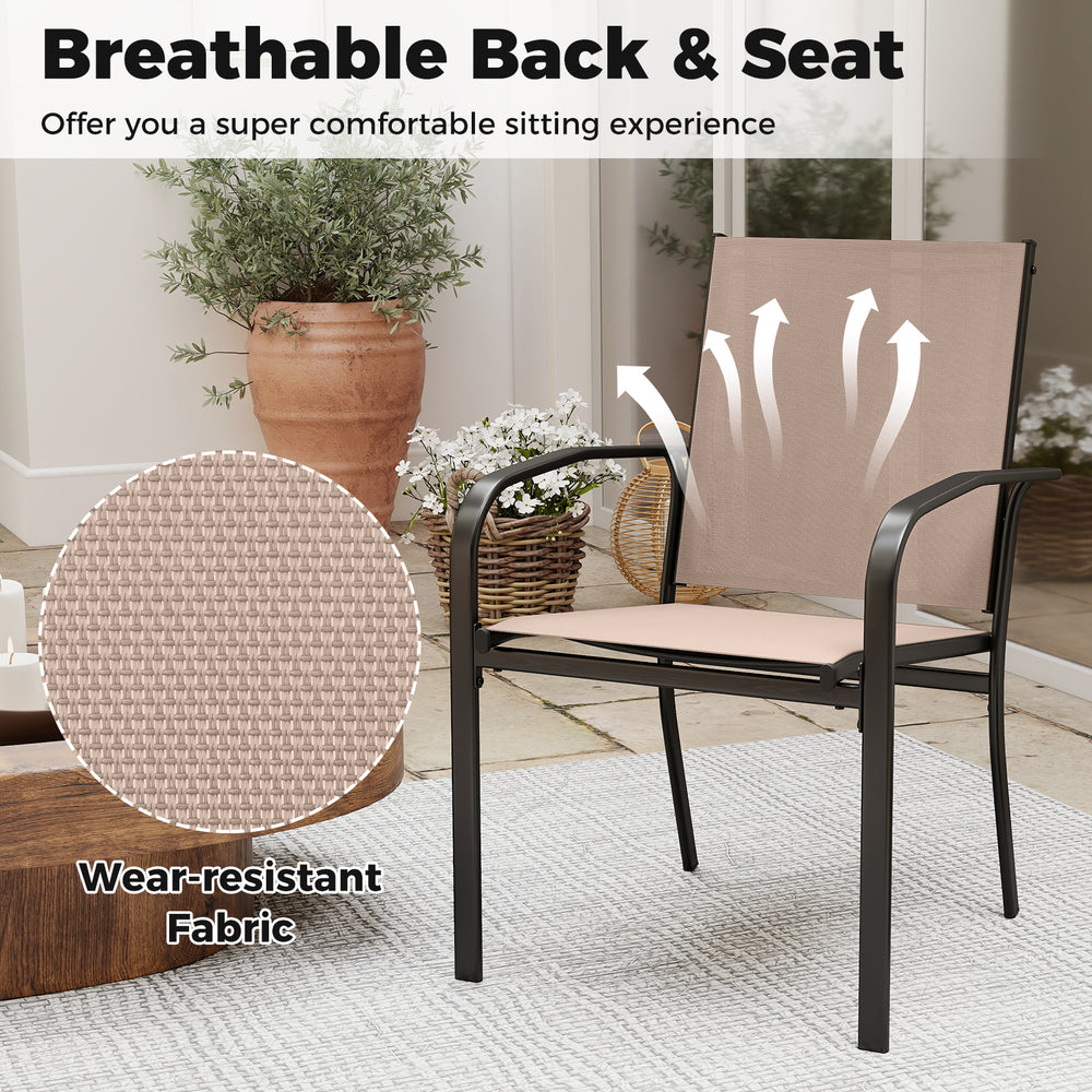 Light brown outdoor dining chair with breathable fabric and high backrest, perfect for patio dining and easy storage.