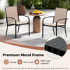 Light brown outdoor dining chairs set of 2 with high back and sturdy metal frame for patio dining and easy storage.