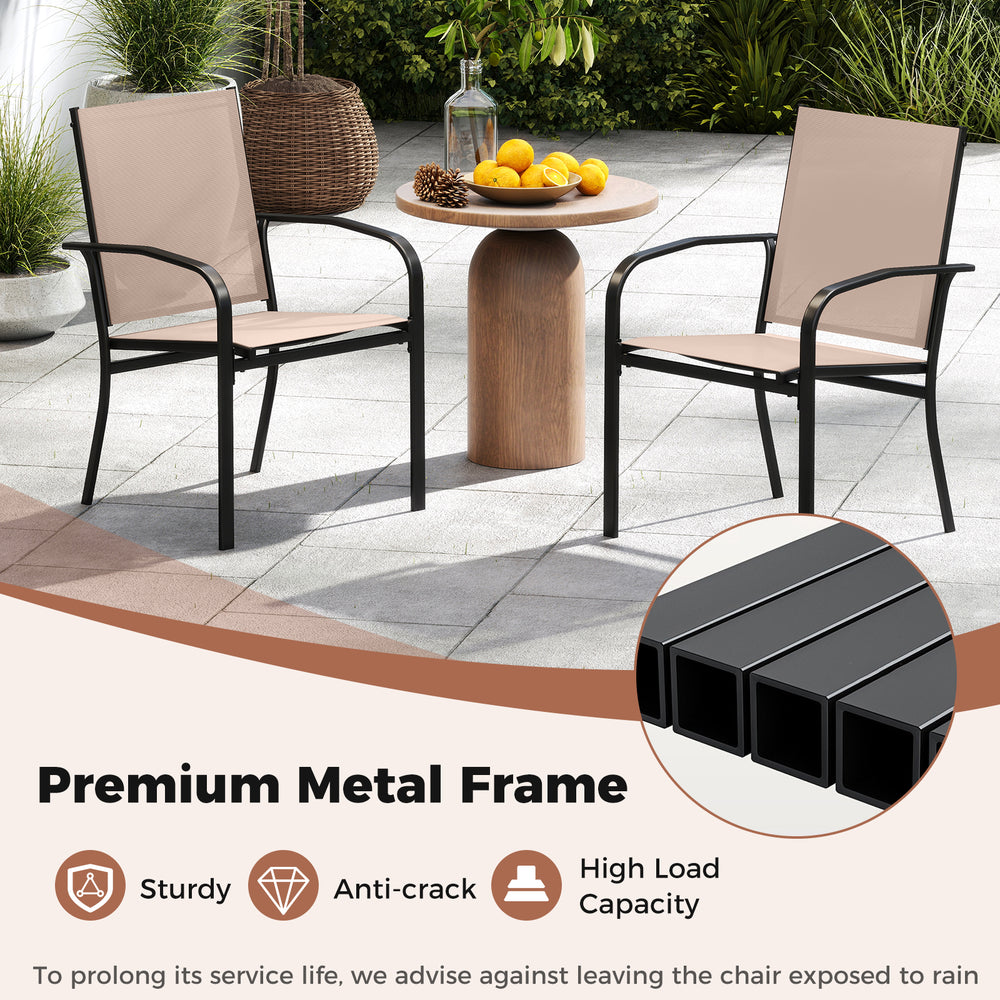Light brown outdoor dining chairs set of 2 with high back and sturdy metal frame for patio dining and easy storage.