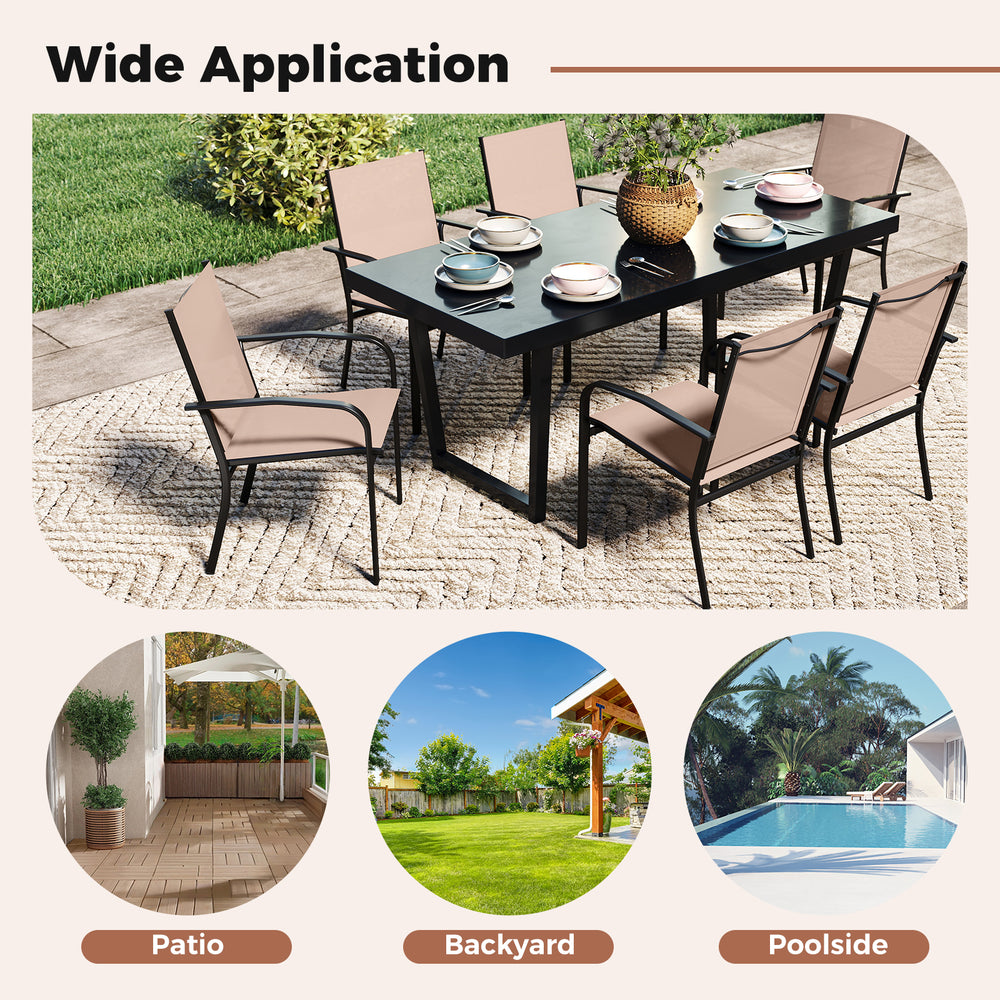 Light brown outdoor dining chairs set of 2 with high back and metal frame, perfect for patio or poolside use.