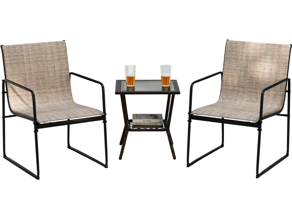 Two outdoor dining chairs with breathable brown fabric and a sturdy metal frame, perfect for patio relaxation.