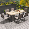 Set of 4 outdoor dining chairs with breathable brown fabric, featuring a sturdy metal frame for patio or balcony use.