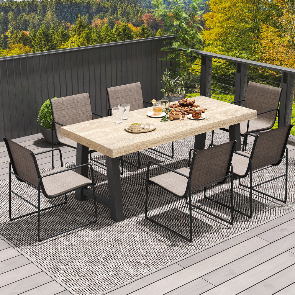 Set of 4 outdoor dining chairs with breathable brown fabric, featuring a sturdy metal frame for patio or balcony use.