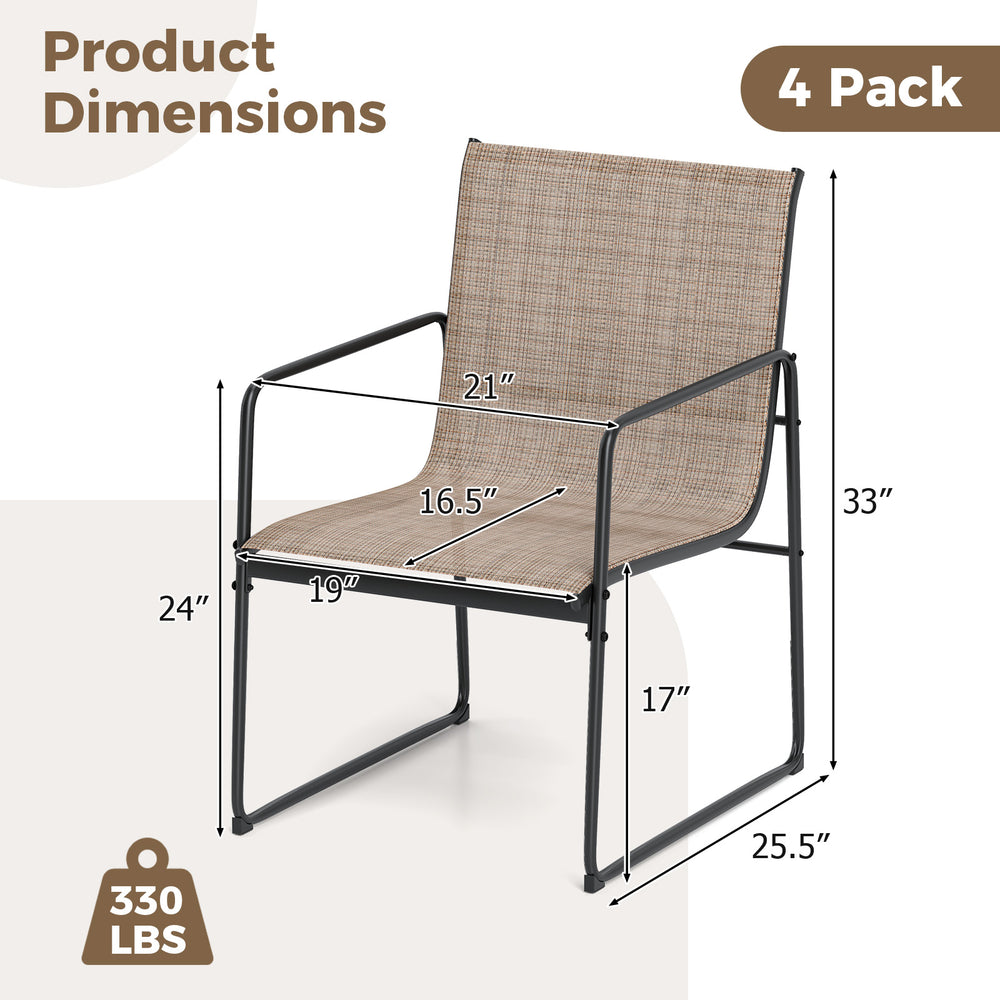 Brown outdoor dining chair with breathable seat, metal frame, and dimensions for patio use, set of 4.