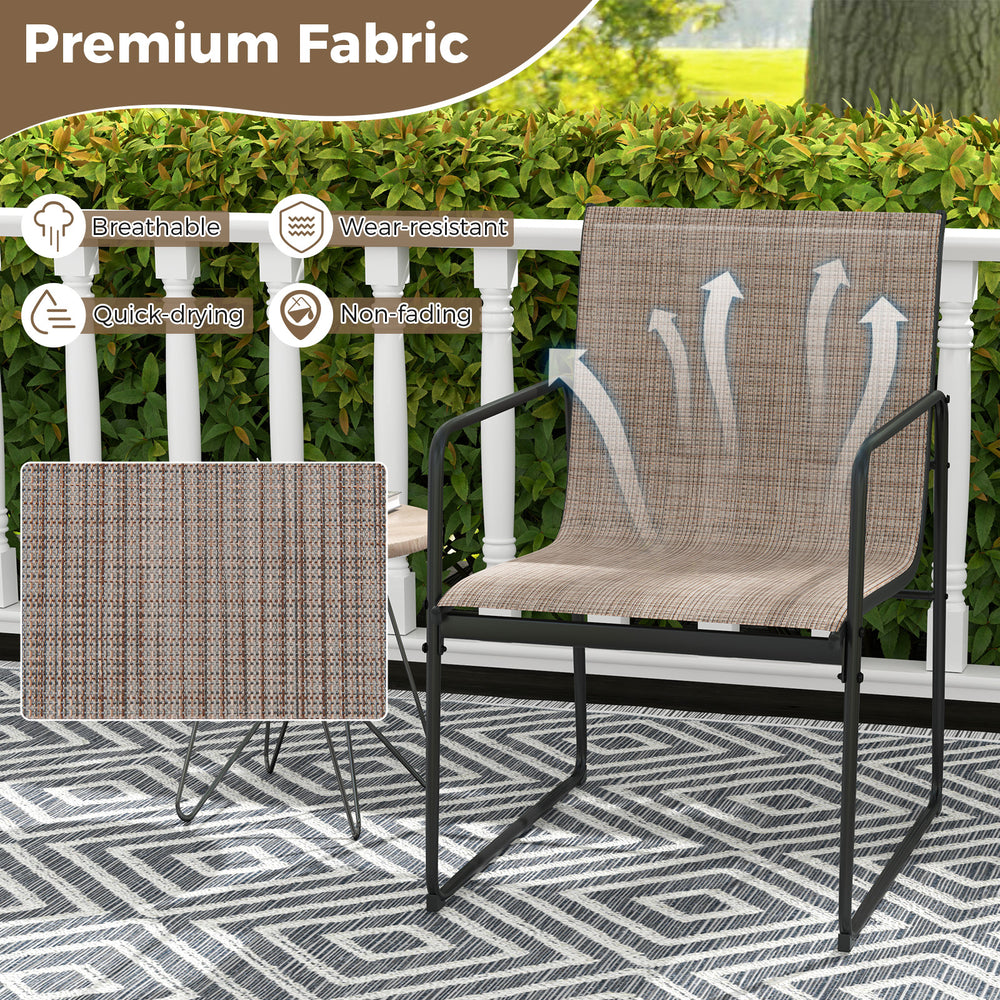 Set of 4 outdoor dining chairs with breathable fabric and sturdy metal frame, ideal for patio and balcony use.