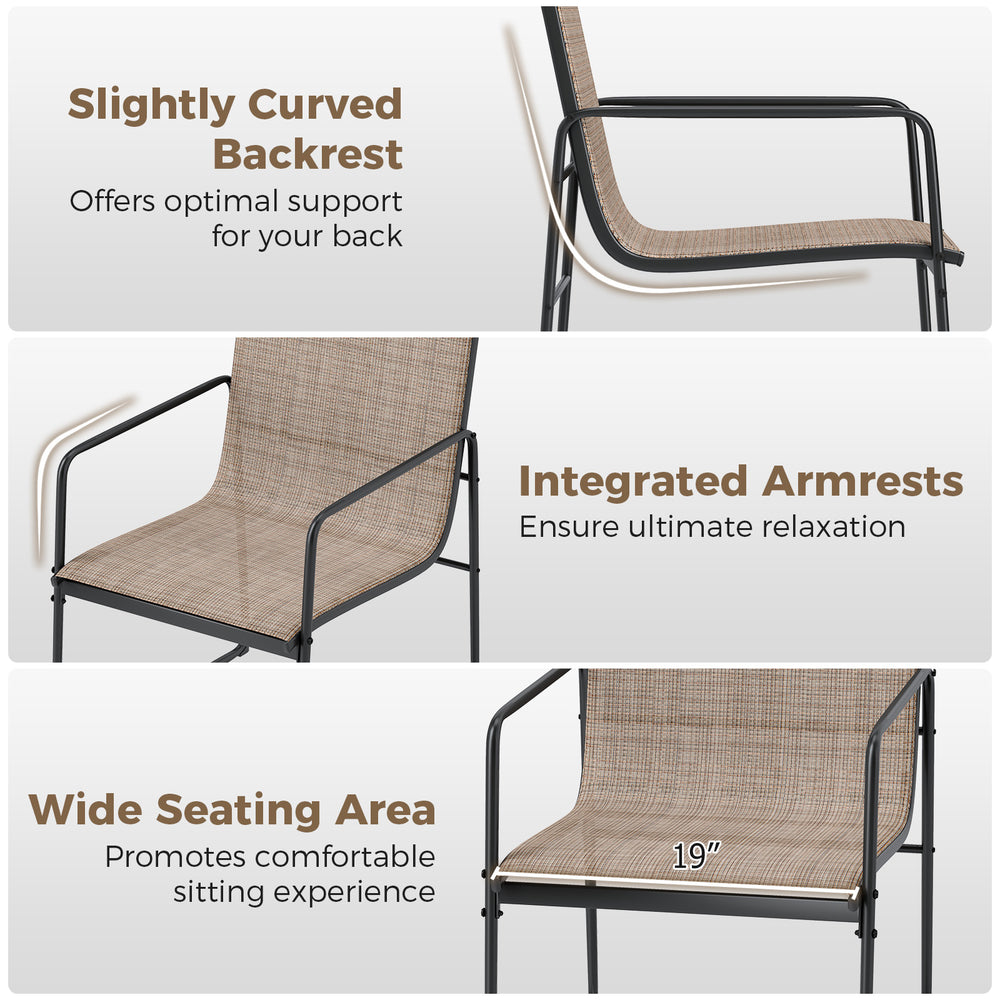 Slightly curved backrest and wide seating area of brown outdoor dining chair set for comfortable patio relaxation.