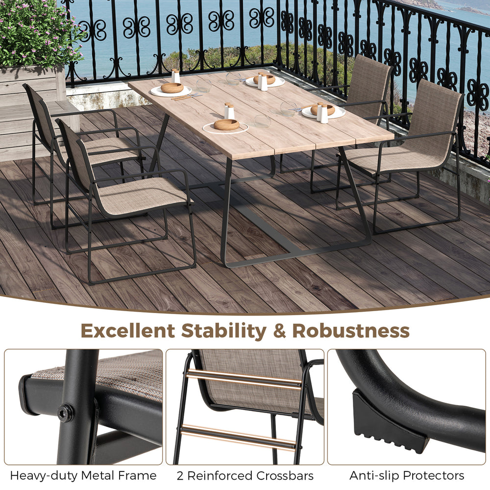 Set of 4 outdoor dining chairs with breathable fabric and heavy-duty metal frame, perfect for patio relaxation.
