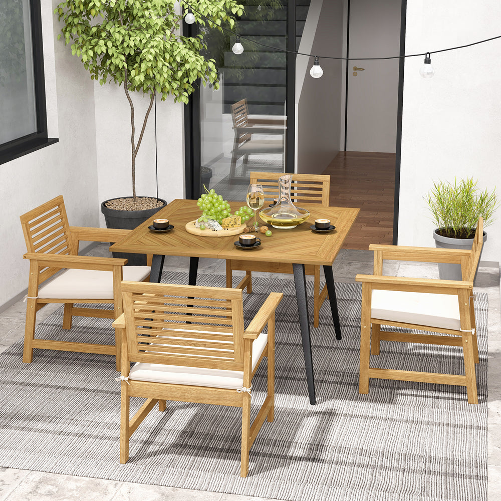 Acacia wood outdoor dining table for 4 with a stable metal support, perfect for garden and poolside use.