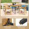 Acacia wood outdoor dining table for 4 with wobble-free metal support and adjustable foot pads, perfect for backyard.