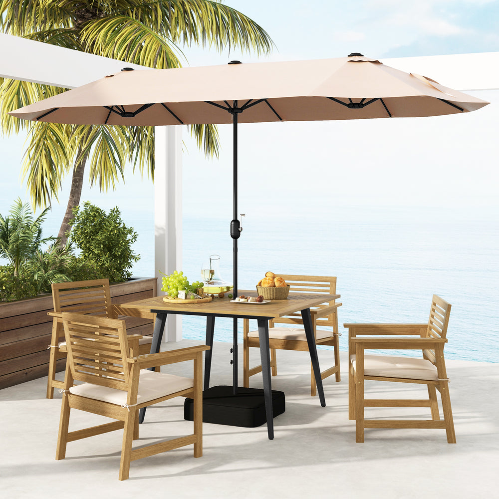 Acacia wood outdoor dining table for 4 with umbrella hole, perfect for garden and poolside dining.
