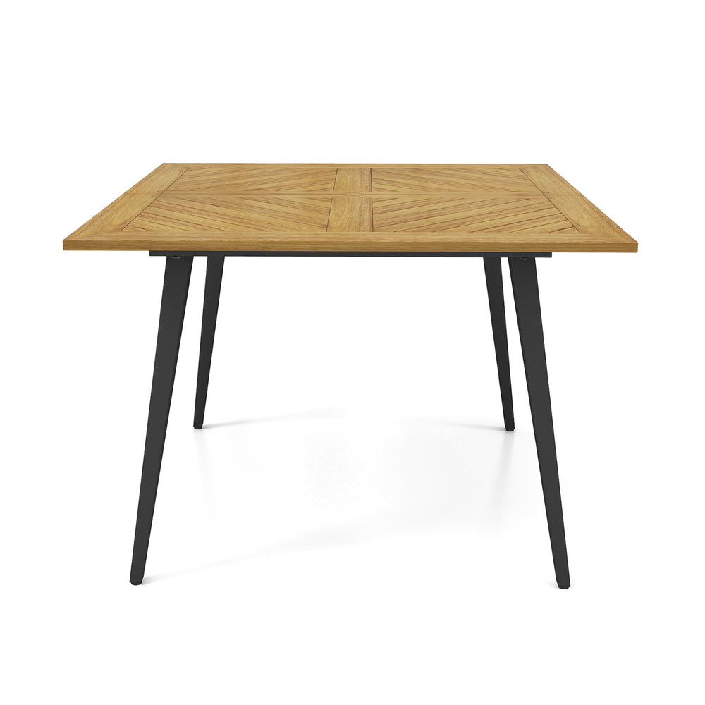 Acacia wood outdoor dining table for 4 with metal legs, featuring a 1.9" umbrella hole, ideal for garden or poolside.