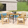 Acacia wood outdoor dining table for 4 with stable metal support, ideal for garden or poolside gatherings.