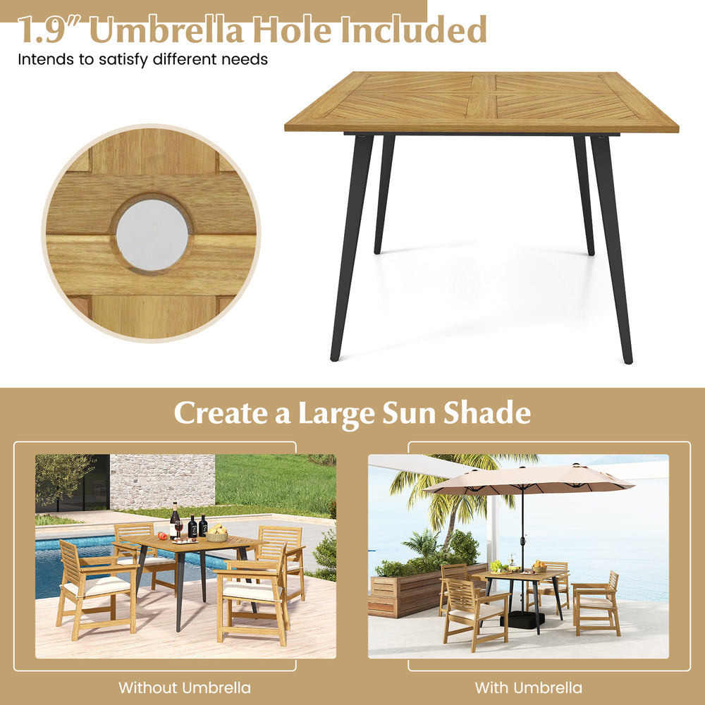 Acacia wood outdoor dining table for 4 with 1.9" umbrella hole, ideal for garden or poolside use.
