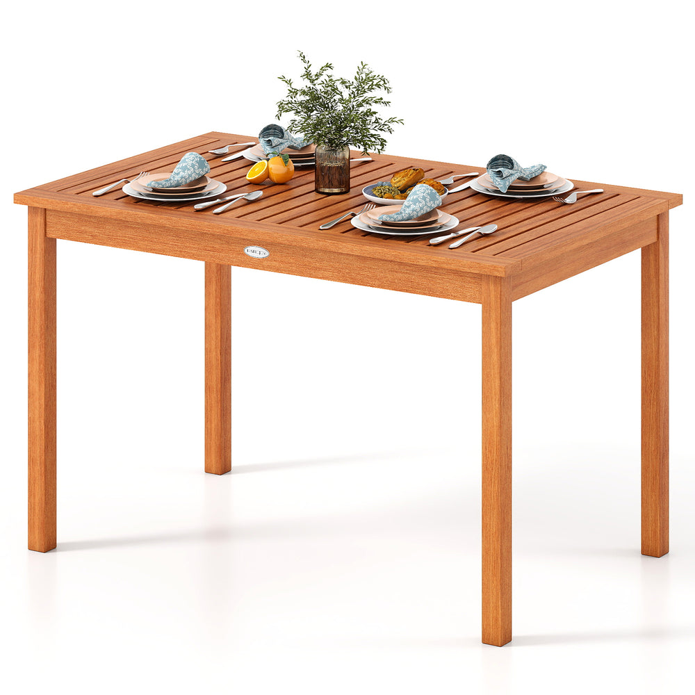 Wooden outdoor dining table for 4-6 people, 48 inches, featuring a slatted top and rustic charm for patio use.
