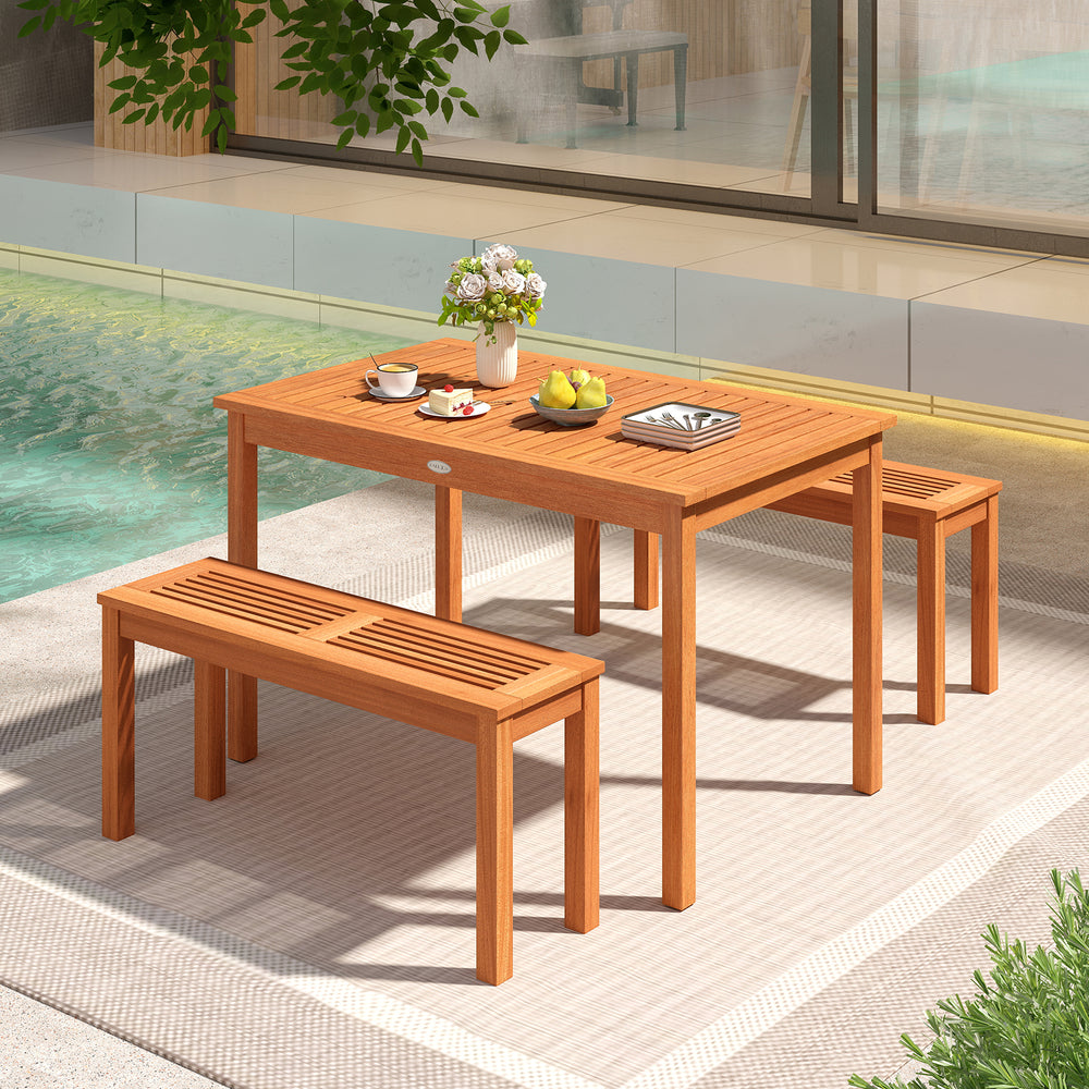 Rectangular 48-inch outdoor dining table for 4-6 people, featuring a slatted wood top, perfect for patio gatherings.