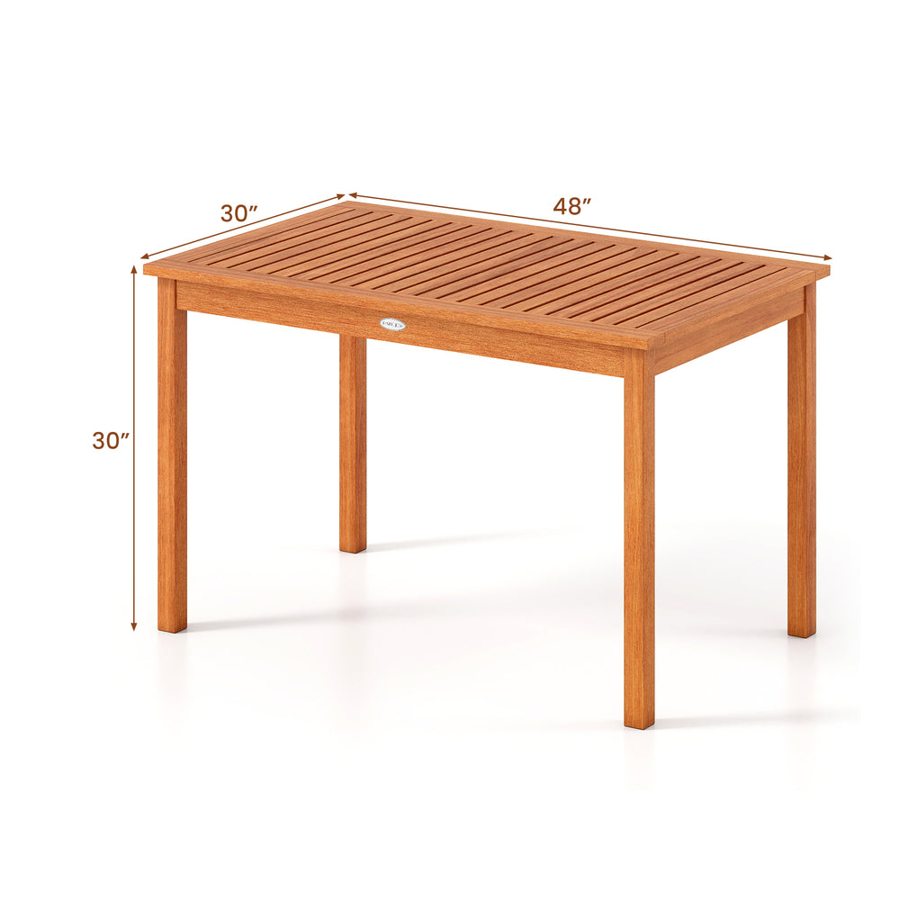 Rectangular outdoor dining table, 48" x 30", sturdy wood construction, accommodates 4-6 people, ideal for patio use.