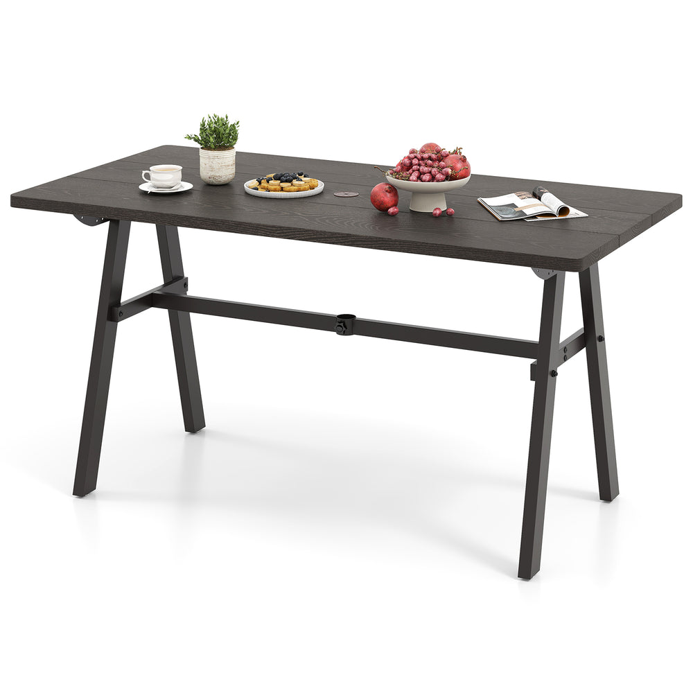 Dark brown outdoor dining table for 6 with a 1.93-inch umbrella hole, perfect for garden gatherings.