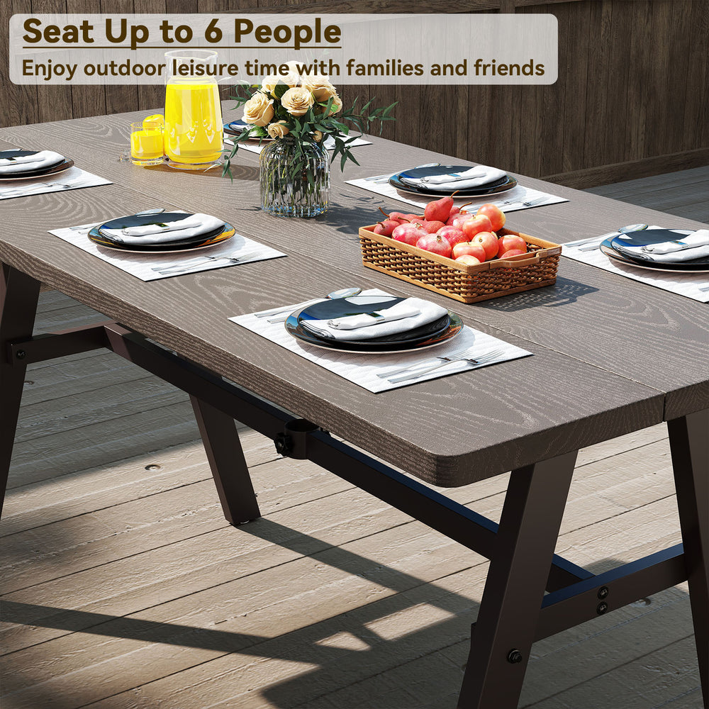 Outdoor dining table for 6 in dark brown, featuring a 1.93" umbrella hole, perfect for garden gatherings.