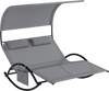 Gray outdoor dual rocker sunbed with canopy and detachable headrests, perfect for backyard and poolside relaxation.
