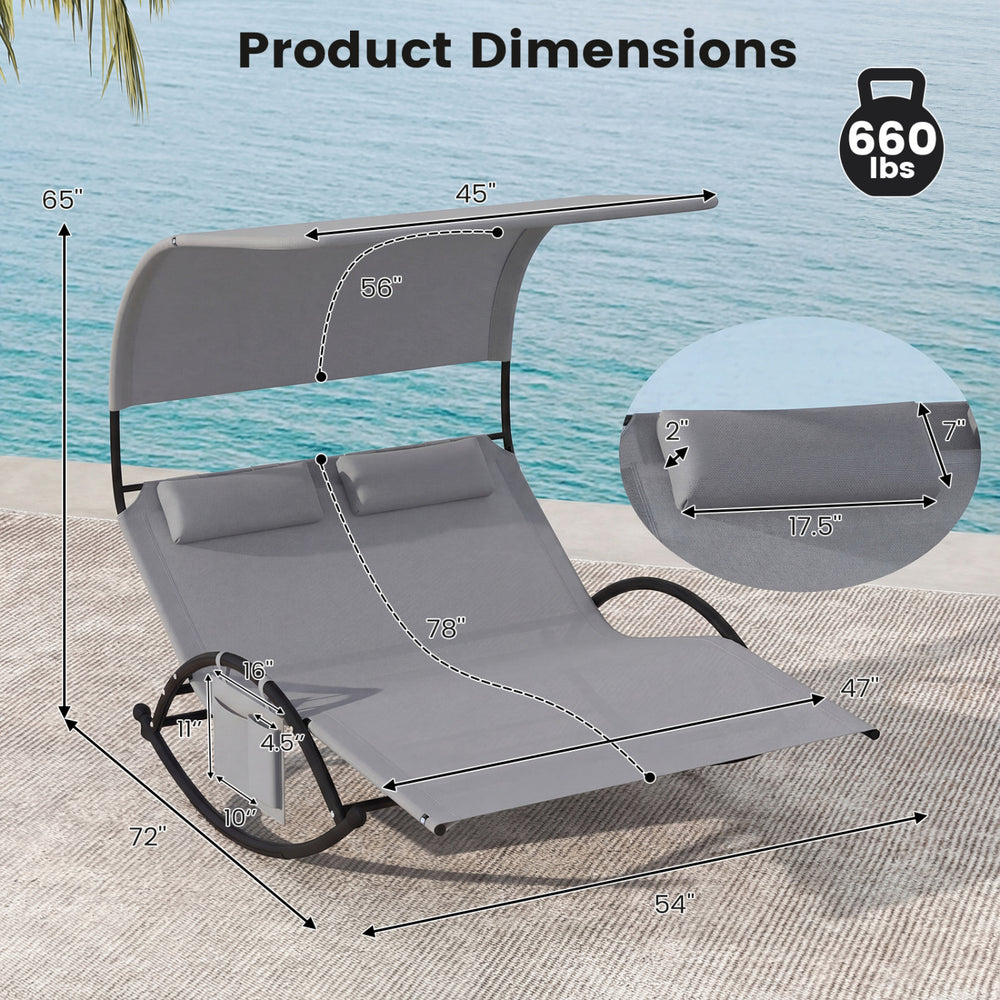 Outdoor dual rocker sunbed with canopy and detachable headrests, designed for 2-person comfort and relaxation.