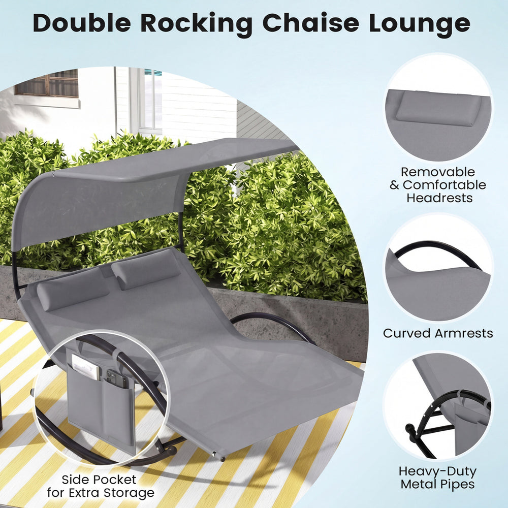 Double rocking chaise lounge in gray with canopy, detachable headrests, and side pocket for outdoor relaxation.