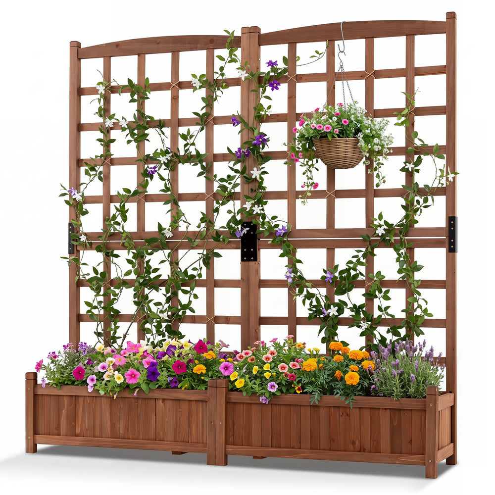Outdoor dual wooden raised garden bed with trellis in rustic brown, designed to support climbing plants and enhance outdoor aesthetics.