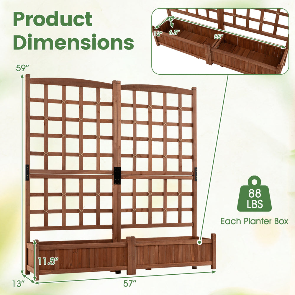 Outdoor dual wooden raised garden bed with trellis in rustic brown, featuring drainage holes and two large planter boxes.