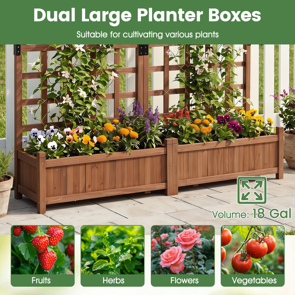 Outdoor dual wooden raised garden bed with trellis, ideal for cultivating fruits, herbs, and flowers in rustic brown.