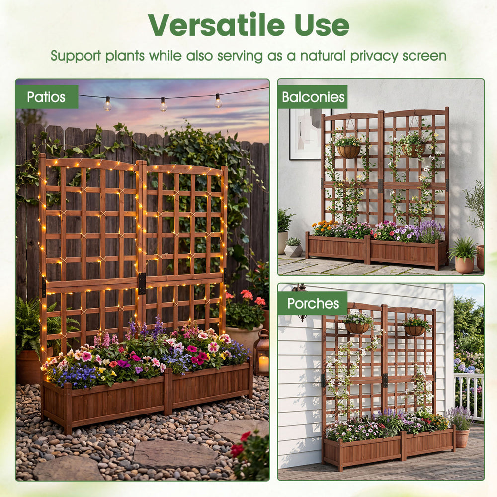 Outdoor dual wooden raised garden bed with trellis in rustic brown, perfect for climbing plants and enhancing privacy.