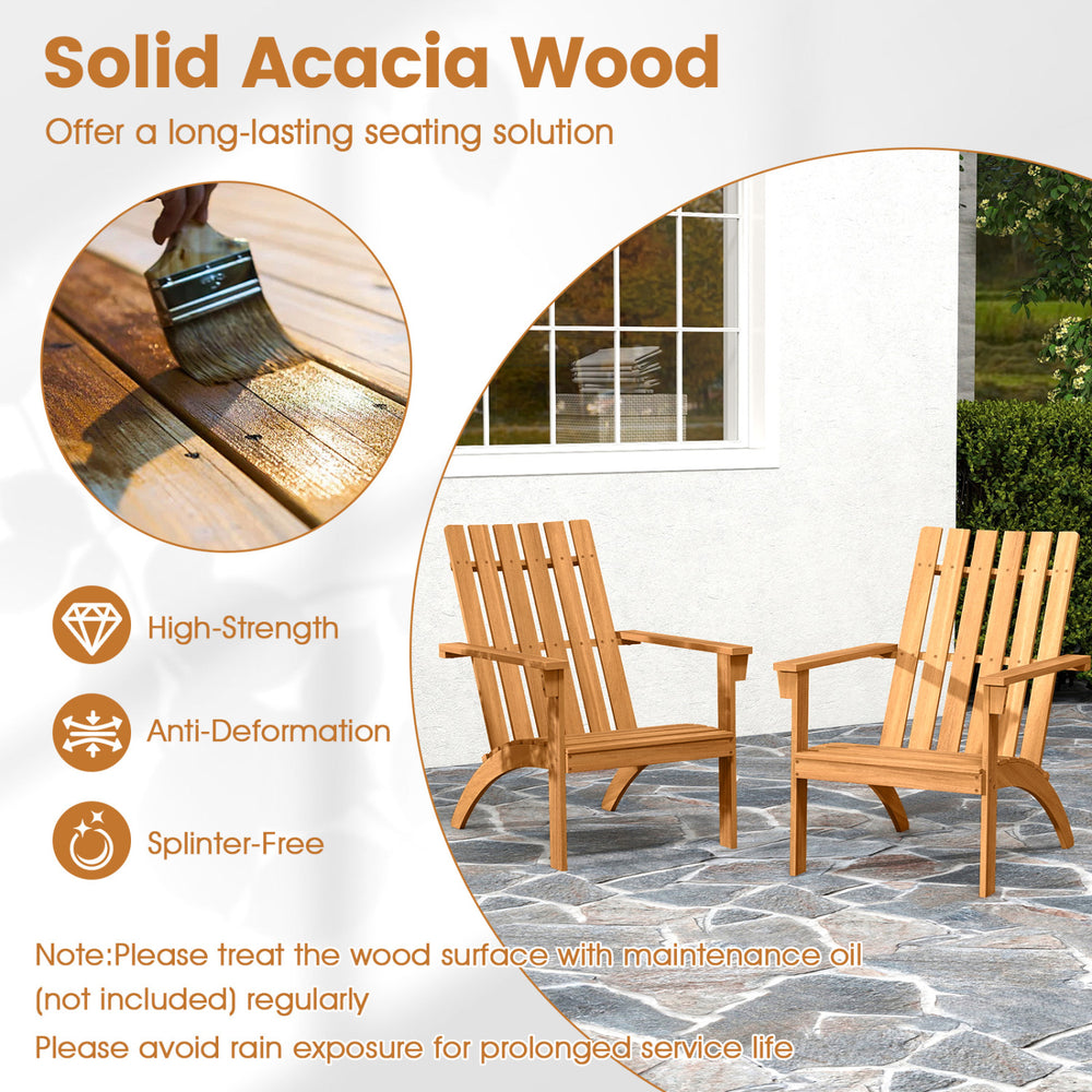 Natural acacia wood Adirondack lounge armchair with wide armrests, ideal for backyard and poolside relaxation.