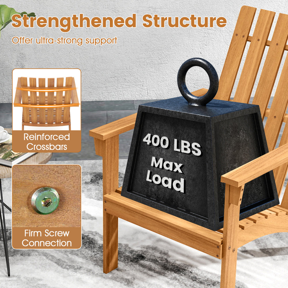 Acacia wood Adirondack lounge armchair with reinforced crossbars, supporting up to 400 lbs, ideal for outdoor.
