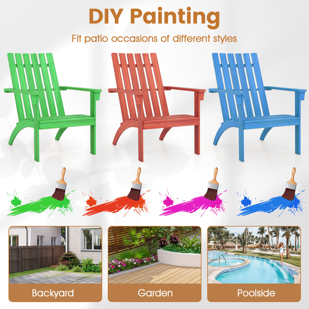 Colorful outdoor Adirondack lounge armchairs made of durable acacia wood, perfect for backyard and poolside relaxation.