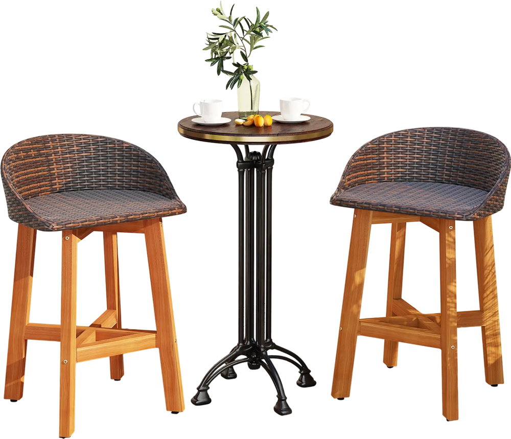 Outdoor faux rattan bar chairs set of 2 with ergonomic backrests and acacia wood legs, perfect for balcony relaxation.