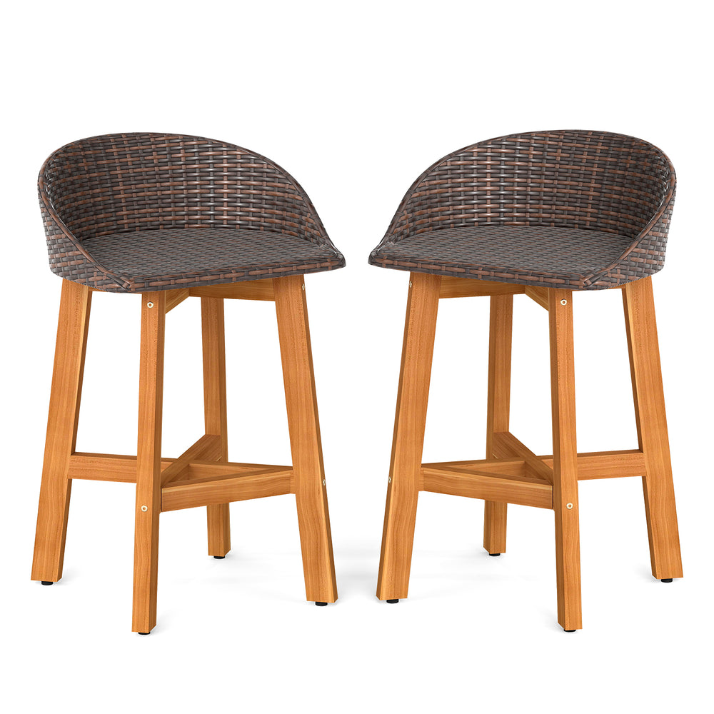 Set of 2 outdoor faux rattan bar chairs with acacia wood legs, ergonomic backrests, and cozy footrests for patio use.