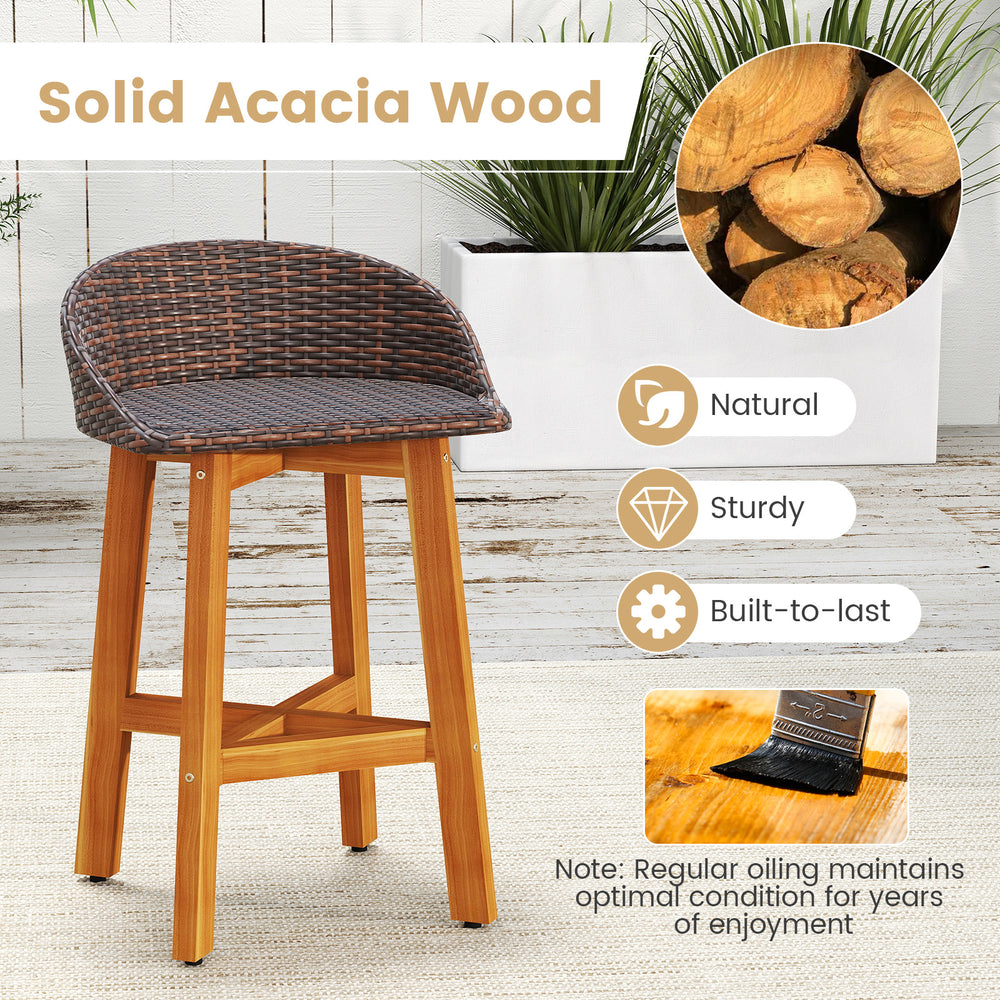 Outdoor faux rattan bar chair featuring solid acacia wood, ergonomic backrest, and cozy footrest for balcony relaxation.