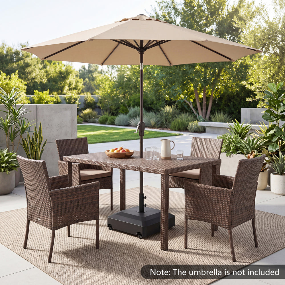 Heavy-duty outdoor umbrella base with wheels, adjustable for 1.3"-1.9" poles, ideal for patio and poolside stability.