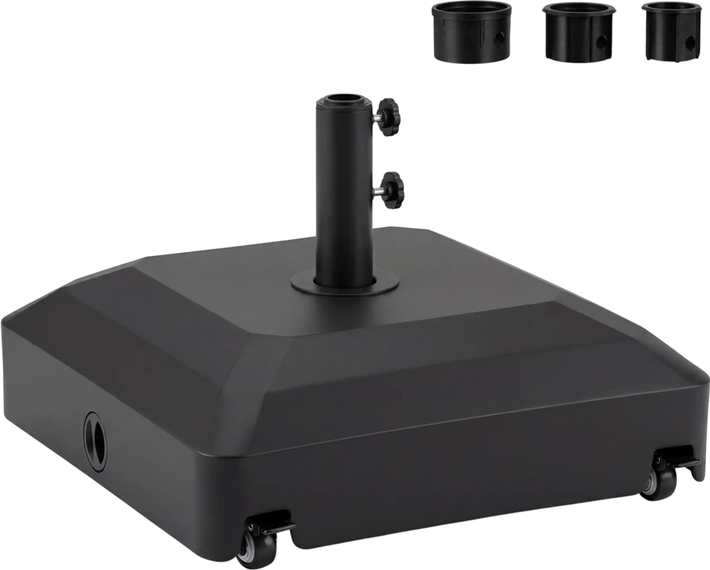Heavy-duty outdoor fillable umbrella base with wheels, adjustable for 1.3"-1.9" poles, ideal for patio and poolside use.