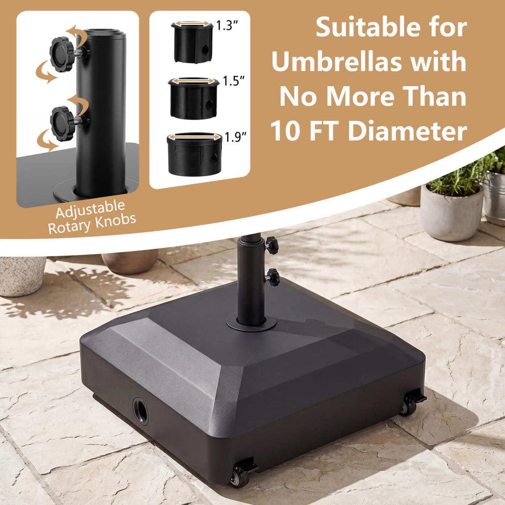 Outdoor fillable umbrella base with wheels, adjustable for 1.3"-1.9" poles, ideal for stability and mobility.
