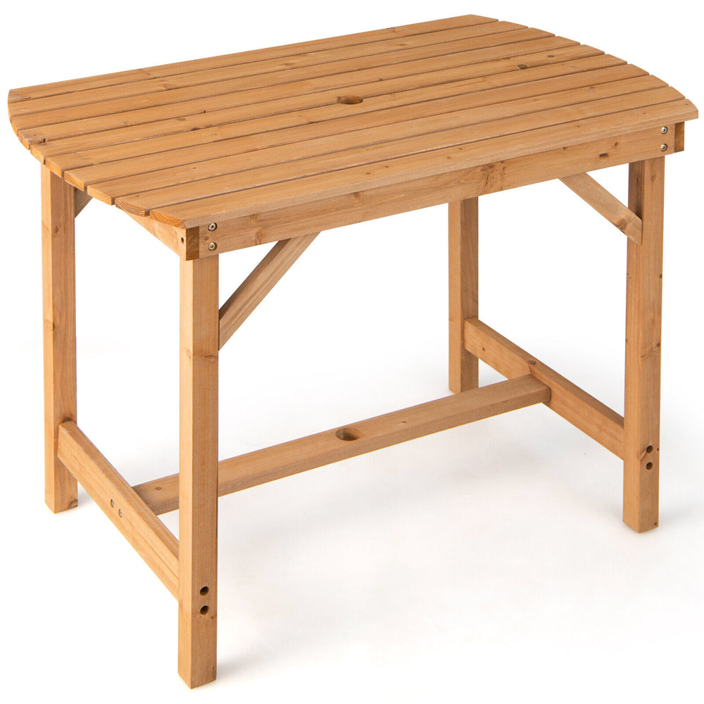 Outdoor fir wood dining table with slatted top, 1.5" umbrella hole, sturdy design for 4-6 people, ideal for patio use.