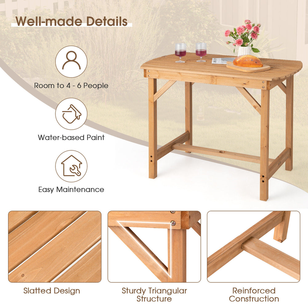 Outdoor fir wood dining table with slatted design, 1.5" umbrella hole, for 4-6 people, ideal for patio or garden use.
