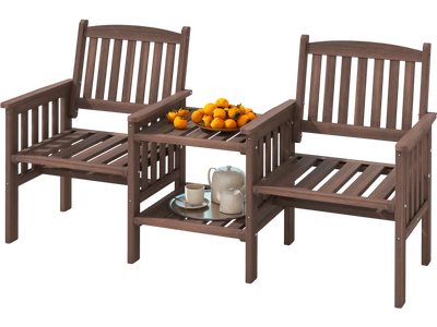 Costway Outdoor Fir Wood Loveseat Bench w/ 2-Tier Side Table Umbrella Hole Coffee 79214568 New