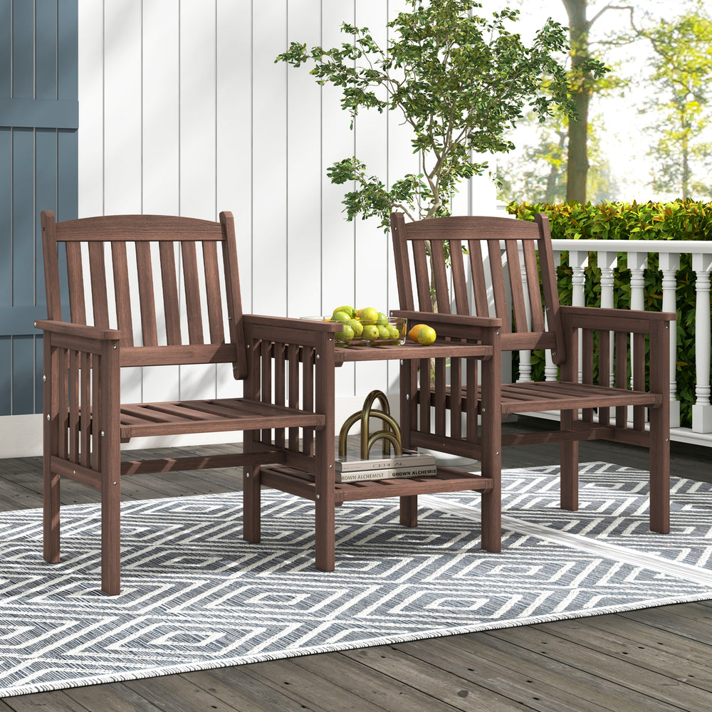 Two outdoor fir wood chairs with a 2-tier side table, featuring a slatted design and umbrella hole, perfect for patio.