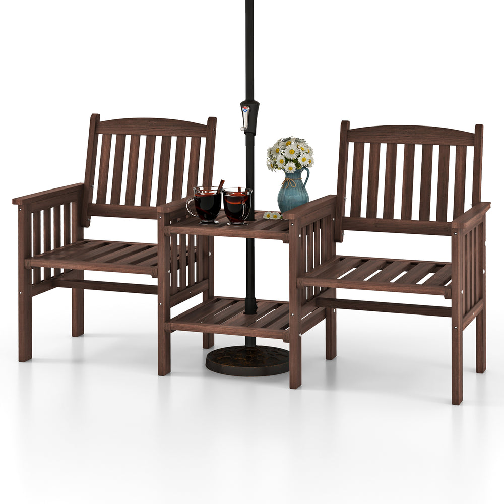 Outdoor fir wood loveseat set with 2-tier side table, contoured backrests, and umbrella hole for patio relaxation.