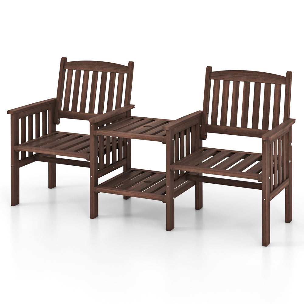 Outdoor fir wood loveseat set featuring two chairs and a 2-tier side table, ideal for patio relaxation.
