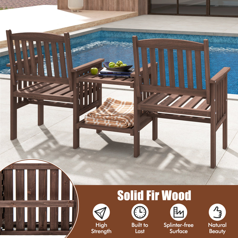 Outdoor fir wood loveseat set featuring two chairs and a 2-tier side table, perfect for patio relaxation.