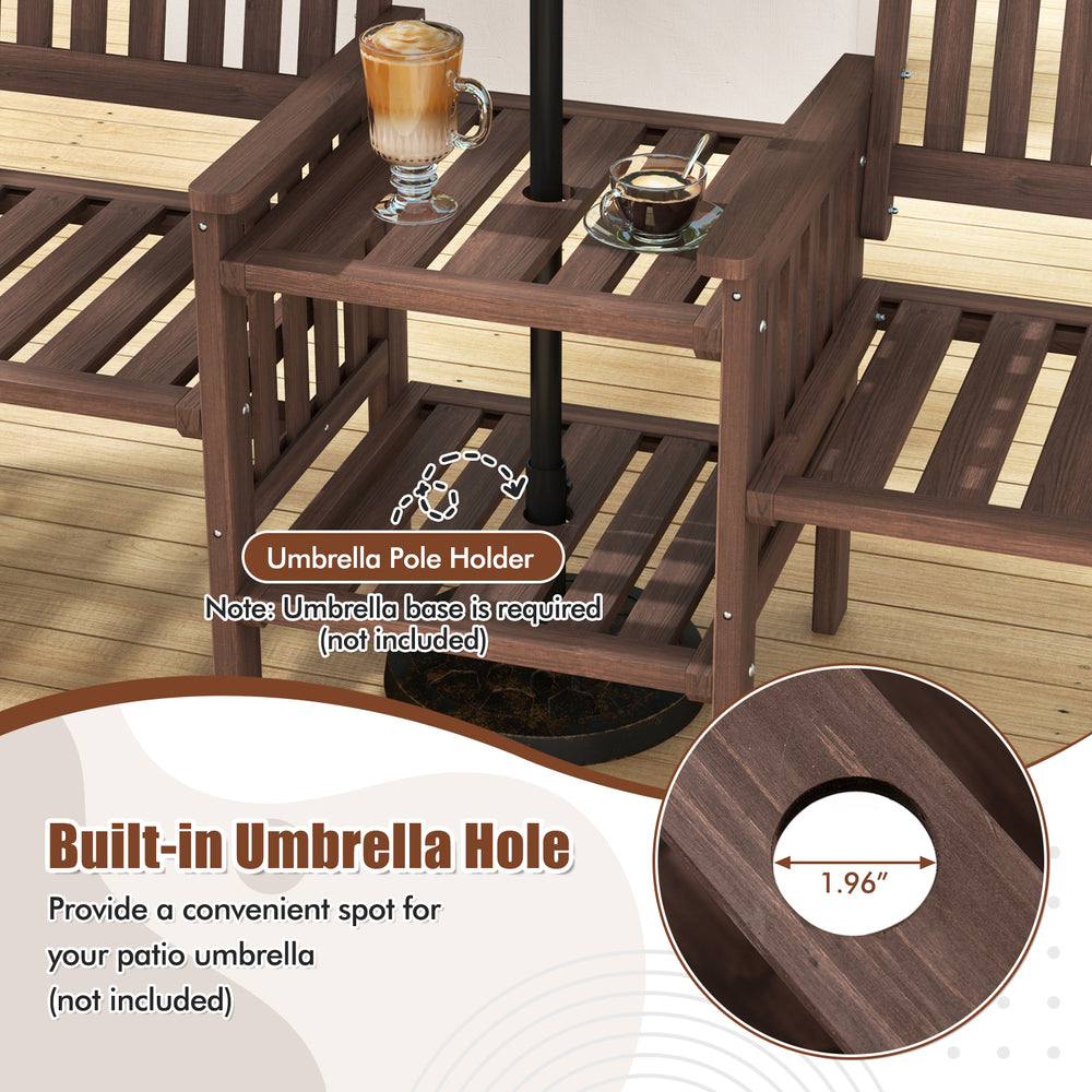 Outdoor fir wood loveseat with 2-tier side table and 1.96" umbrella hole, perfect for patio relaxation.