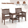 Outdoor fir wood loveseat with contoured backrests, slatted design, and 2-tier side table for patio relaxation.