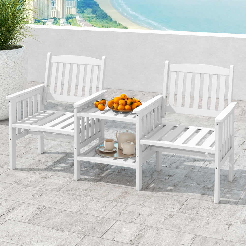 Outdoor Fir Wood Loveseat with 2-Tier Side Table and 1.96" Umbrella Hole-White - Gallery View 1 of 10