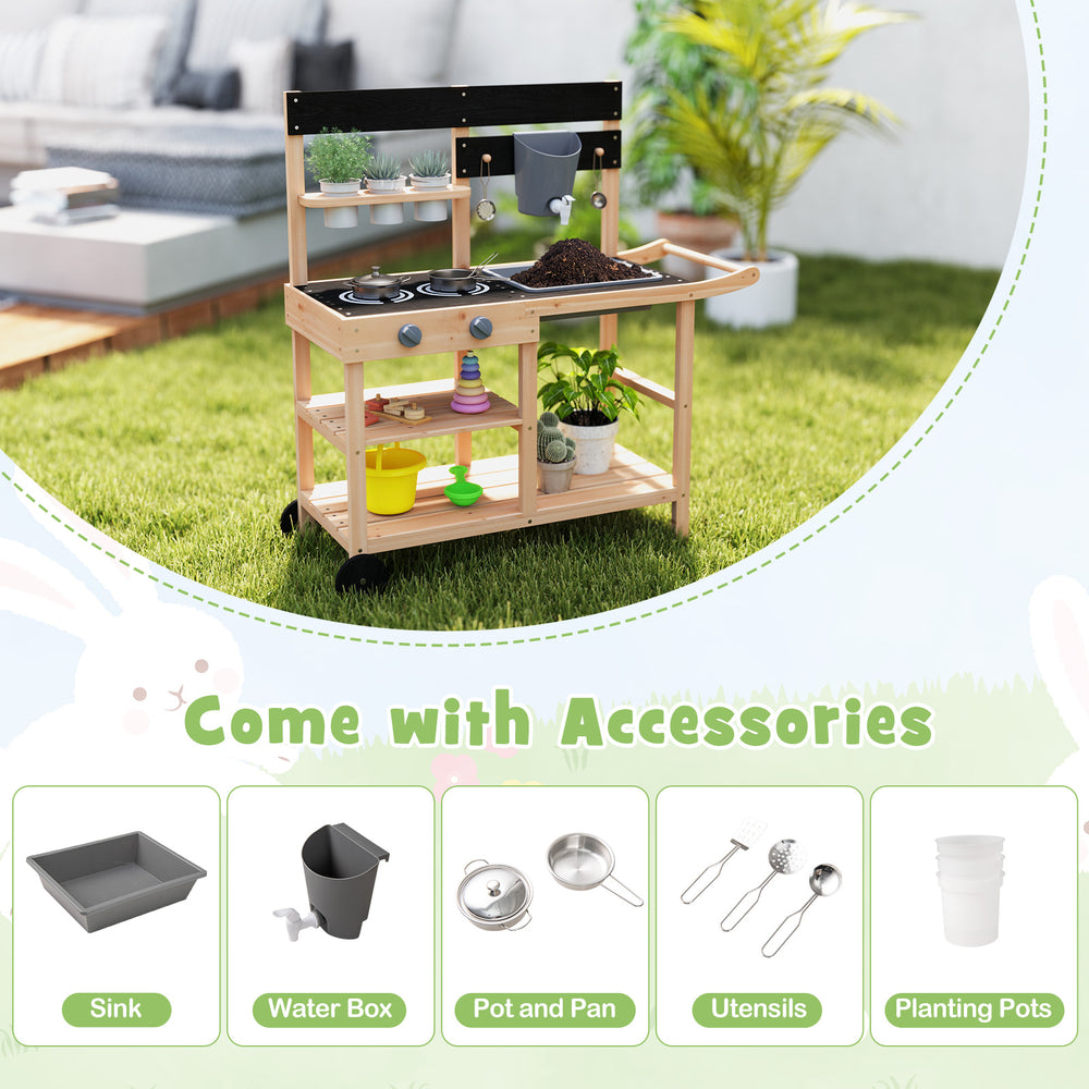 Outdoor fir wood play kitchen with blackboard, sink, and planting pots, perfect for kids' imaginative cooking and.