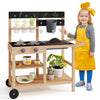Outdoor fir wood play kitchen with blackboard, planting pots, and removable sink for imaginative cooking and gardening.